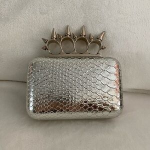 Silver Python Knuckle Clutch